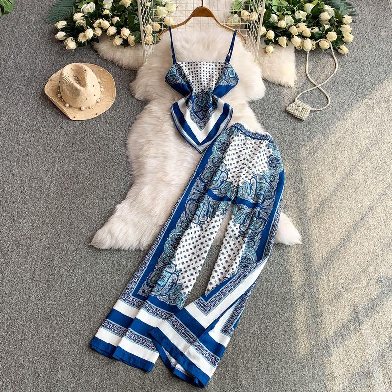 

High-End Sense Retro Print Irregular Sling Waist Hugging Slimming Vest Top + High Waist Wide Leg Pants Two-piece Set