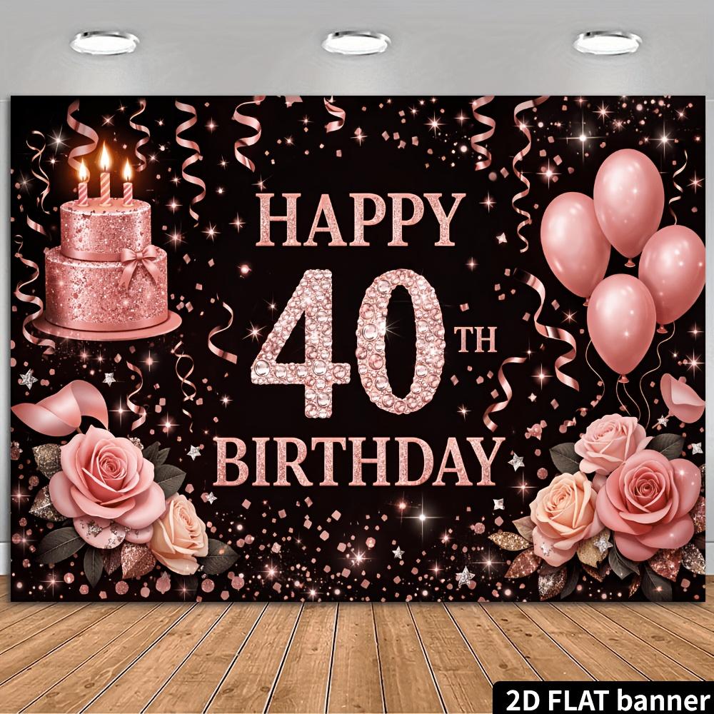 2D plane 40th birthday party backdrop fabric  black background with rose gold glittering diamonds theme  featuring pink roses