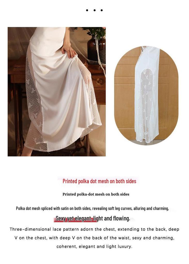 French-Style Backless Nightgown with Built-In Bra, Deep V-Neck, Spaghetti Straps, High Slit, and Mesh - Pure, Alluring, Sexy.