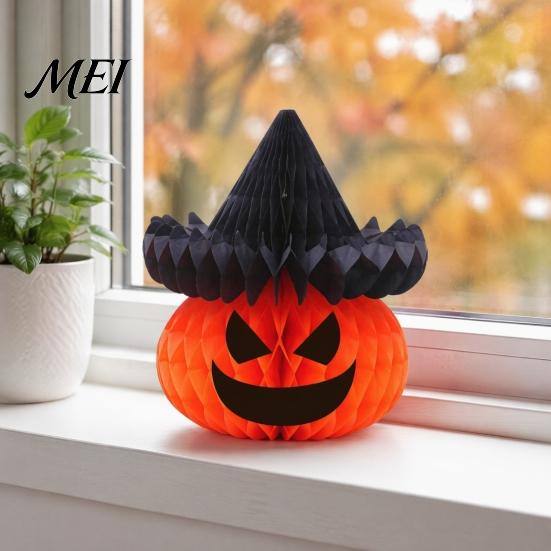 Halloween Theme Decor Honeycomb Ornament, Pumpkin Spider Hanging Paper Creative Accents Decoration for Home Office Classroom Holiday Party Supplies