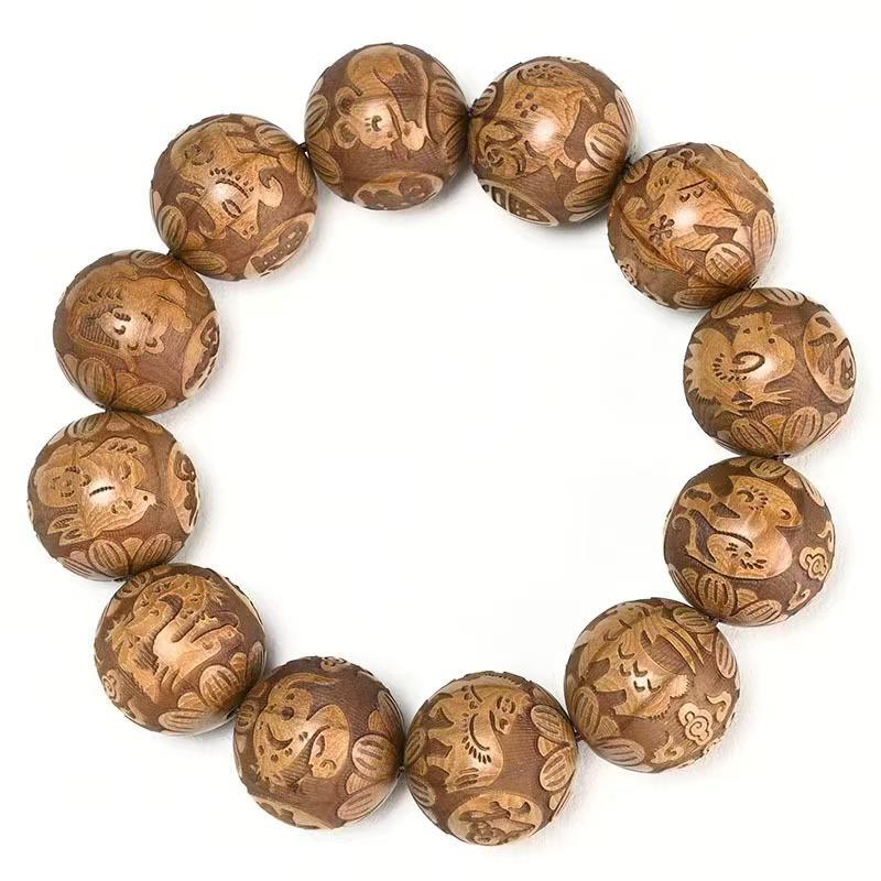 Premium 20-Bead Dragon-Subduing Wood Bracelet – Natural Full-Grain Material with Clear Pattern Prayer Beads.