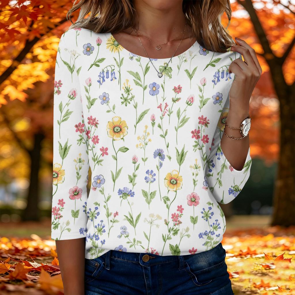 Top da donna casual alla moda a maniche a tre quarti con stampa floreale e girocollo