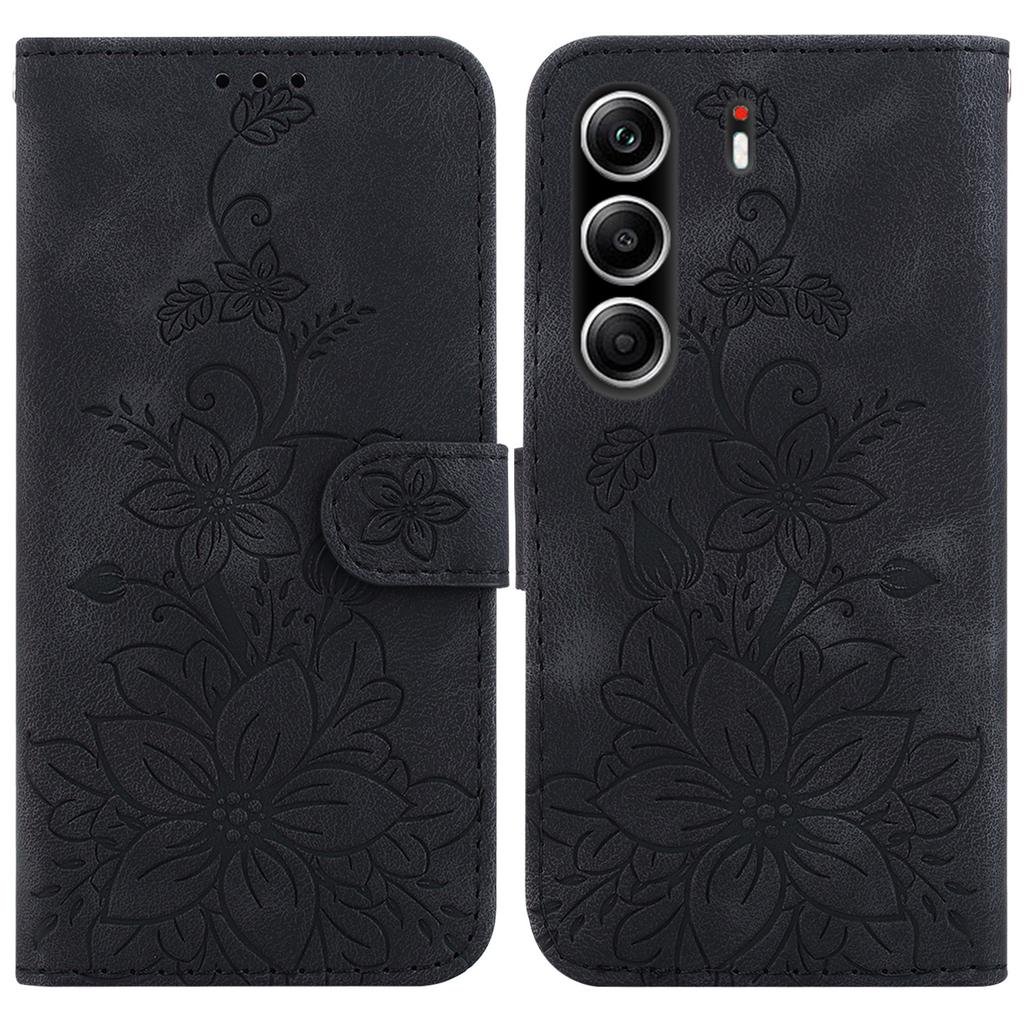 For TECNO Camon 40 Pro 5G/4G Stand Case Lily Flower Imprint Leather Phone Cover with Wrist Strap