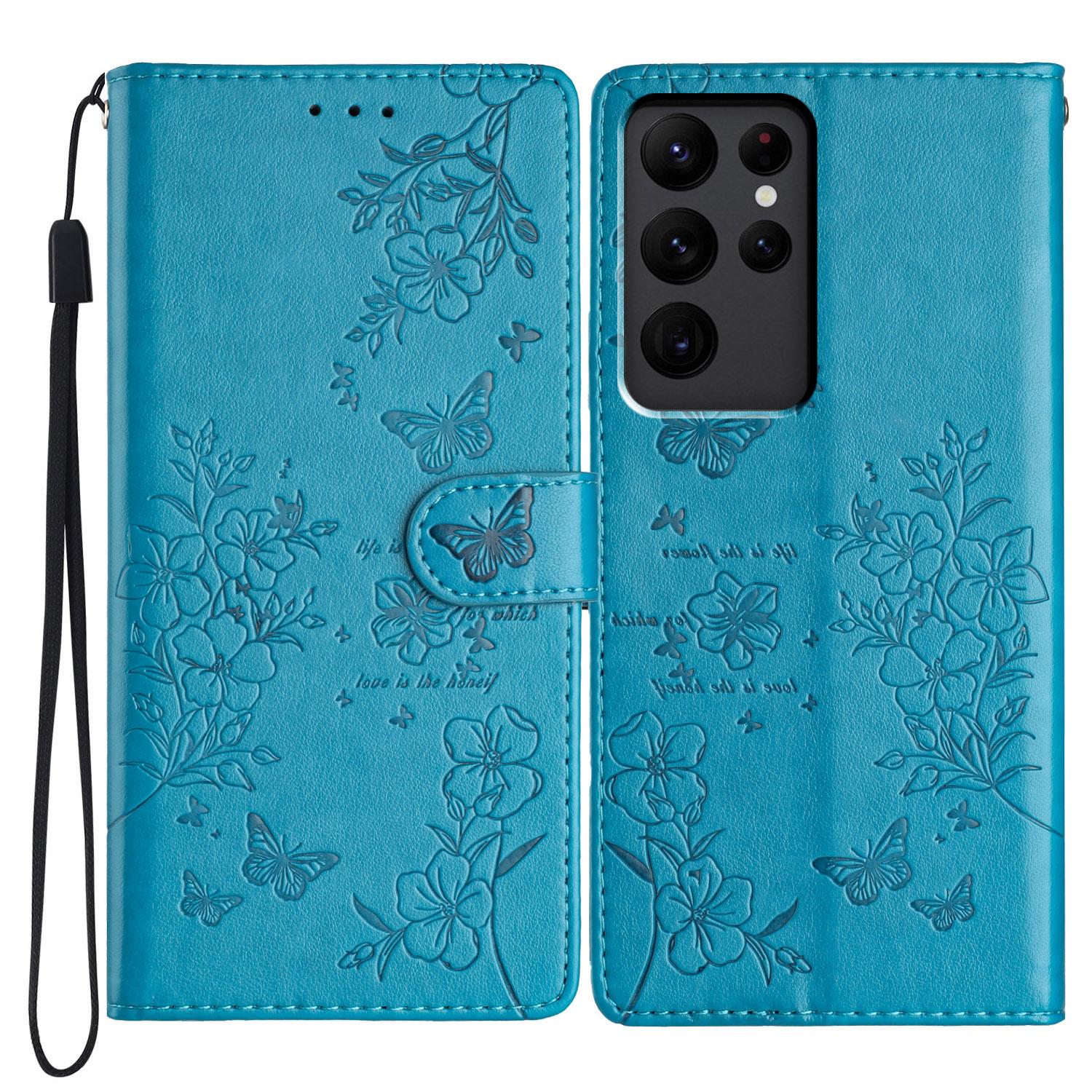 

For Samsung Galaxy S23 Ultra Wallet Phone Case Butterfly Floral Imprint Leather Cover Blue