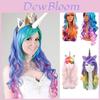 New Fashion Women Ear Unicorn Rainbow Wig Long Curly Wave Hair For Cosplay Party