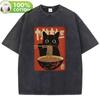T Shirt Vintage Washed 100% Cotton T-Shirt Black Retro Cat Eating Ramen Graphic Tee Casual Streetwear for Spring Summer Fall X260207