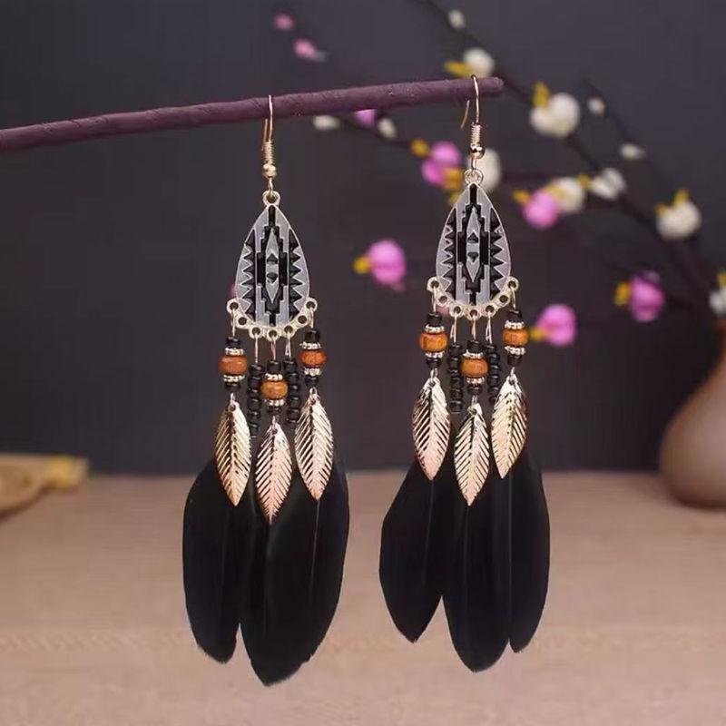 Vintage Lange Feder-Hängeohrringe für Damen Böhmischer Schmuck