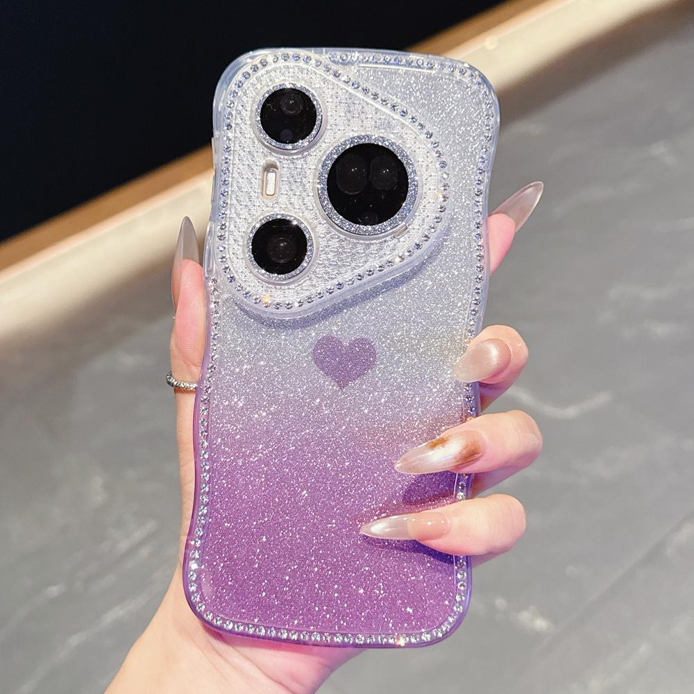KEYSION Gradient Love Heart Wavy Phone Case for Huawei Pura 70 80 Pro 80 70 Ultra Glitter Jewelled Lens Protector Shockproof Cover
