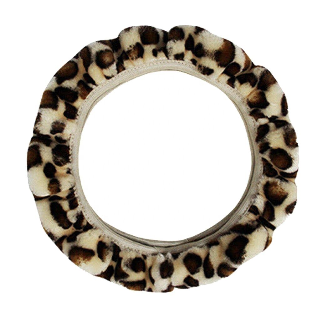 Universal Winter Warm Leopard Fluff Plush Steering Wheel Cover Car Accessories Soft Faux Fur