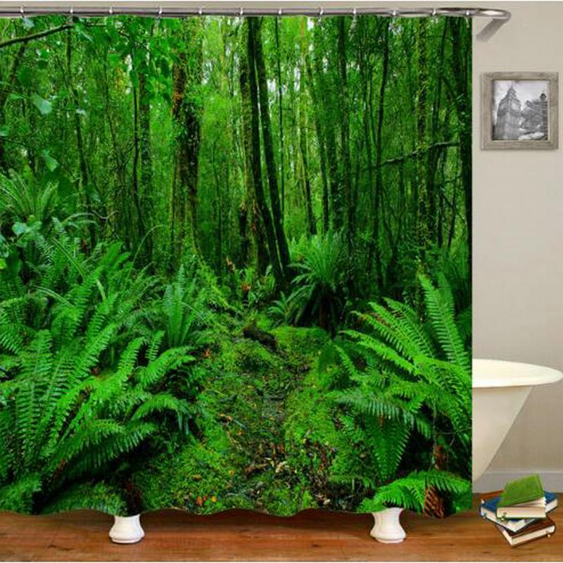 Forest Landscape Shower Curtains Green Tropical Plant Palm Tree Flower Leaves Garden Natural Scenery Bathroom Decor Bath Curtain