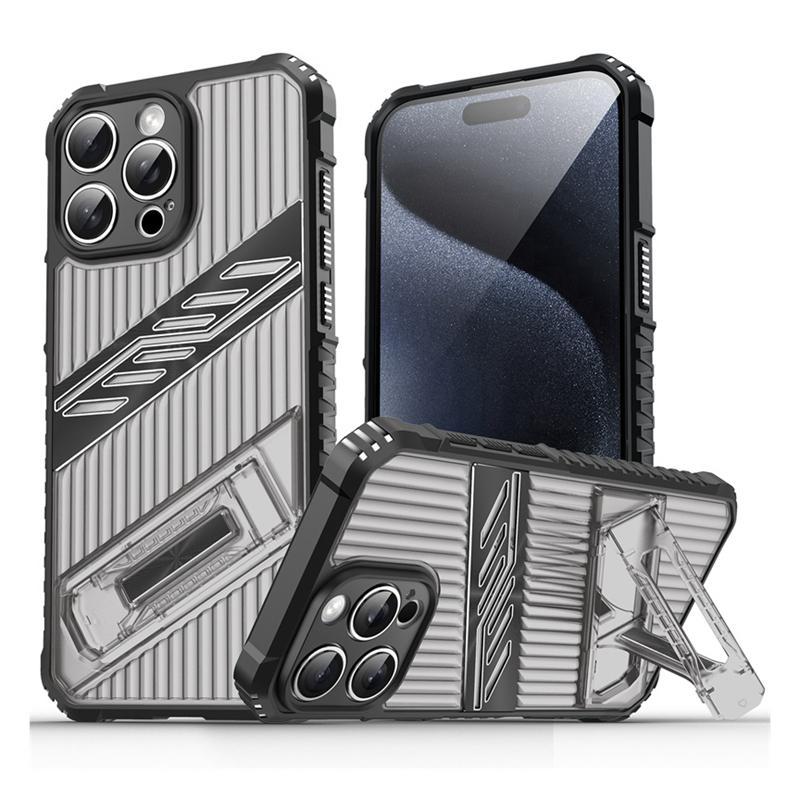 

KEYSION Противоударный чехол для iPhone 15 Pro Max 15 Plus Прозрачный PC+силиконовый чехол-подставка для телефона для iPhone 15 Pro Max for iPhone 15 Pro Max чёрный/серый