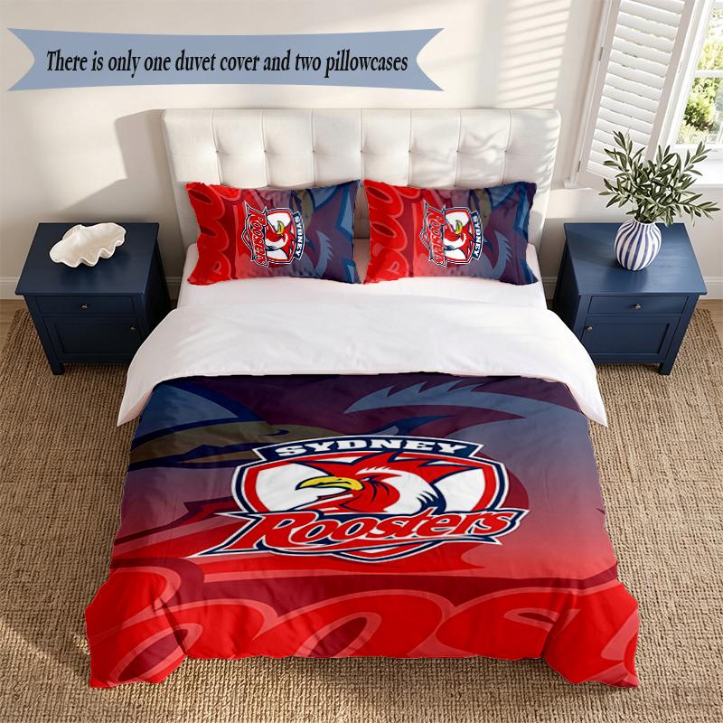 Sydney Roosters 3‑Piece Bedding Set Soft Microfiber Duvet Cover Pillowcases Comfortable Bed Linen for Bedroom Decoration