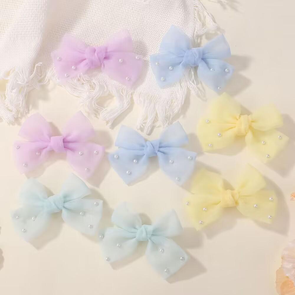 2Pcs/Set Pearl Bows Hair Clips Cute Sweet Girls Side Clip Solid Color Hairpin Handmade with Bow Hair Accessories Headdress Gifts