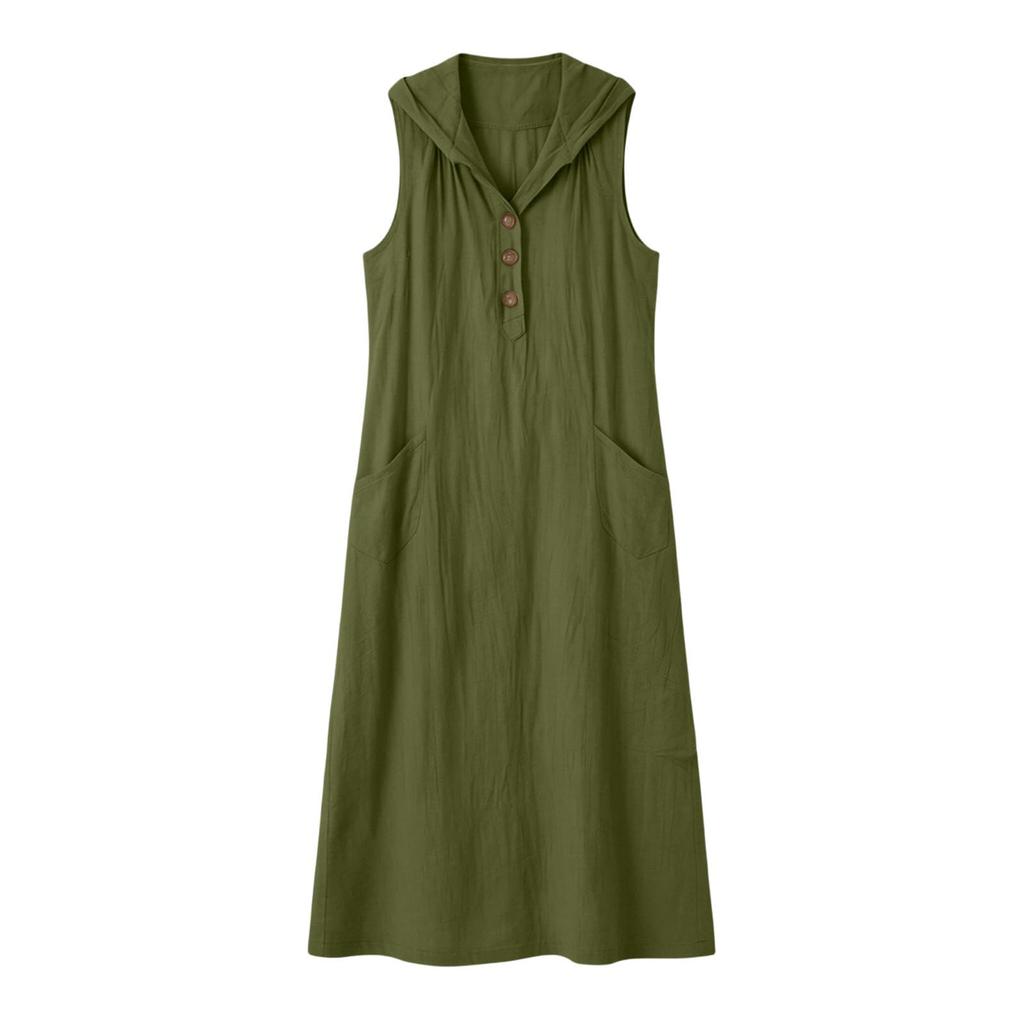 Women's Fashion Color Hooded Buttoned Pocket Sleeveless Casual Loose Dress