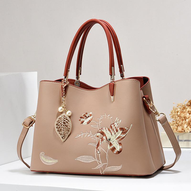 Stylish Large Capacity Embroidered Tote Bag For Women Perfect For Business Commute In Khaki And Cream Colors