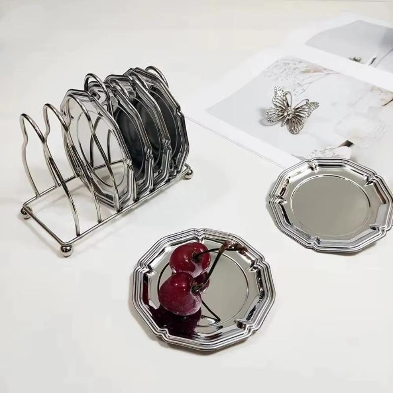 Silver Stainless Steel Cake Tray Round Mirror Surface Dessert Plate for Restaurant Buffet Food Display