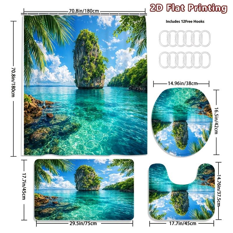 4Pcs Tropical Island Shower Curtain Set with Non-Slip Bath Mat, Toilet Lid Cover, Contour Rug & 12 Hooks, Bathroom Decor