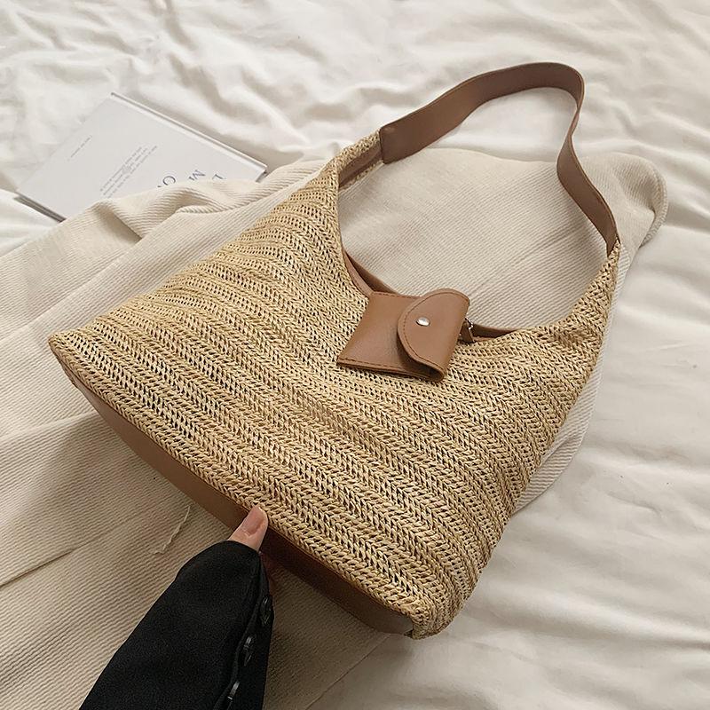 Large Capacity Rainbow Straw Woven Tote Bag - Stylish Shoulder Commuter Bag with Lazy Chic Versatility