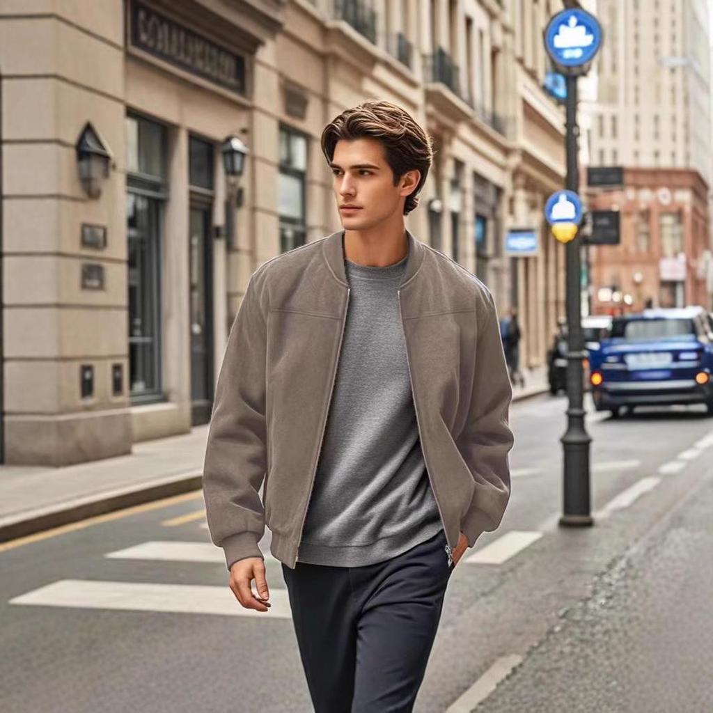Men's Retro Suede Stand Collar Jacket - Loose Fit, Zipper Cardigan Coat, Trendy and Fashionable for Autumn/Winter