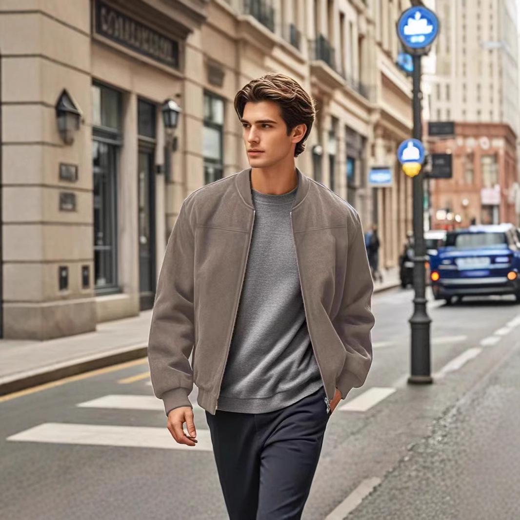Herren Retro Wildleder Stehkragen Jacke - Lockerer Schnitt, Reißverschluss Strickjacke Mantel, Trendig und Modisch für Herbst/Winter Medium khaki