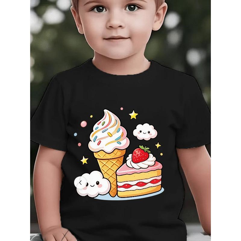 Boys Crew Neck Short Sleeve T-Shirt with Cartoon Ice Cream, Cake and Cloud Print
