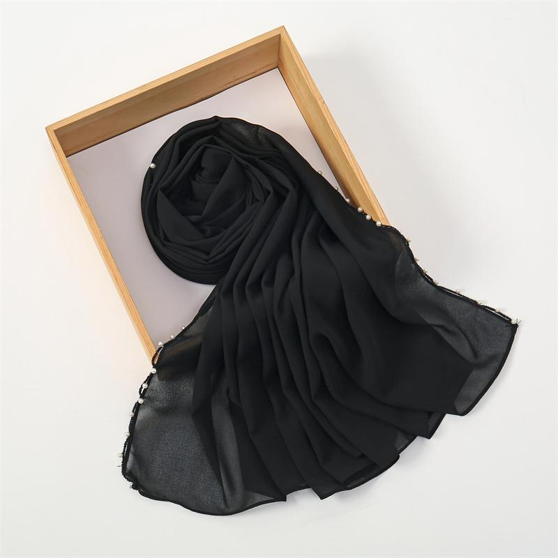 Muslim Chiffon Hijab Scarf Pearl Edge Solid Color Squane Head Wrap For Women Hijabs Scarves Jersey Hijabs Islamic Turban Headban