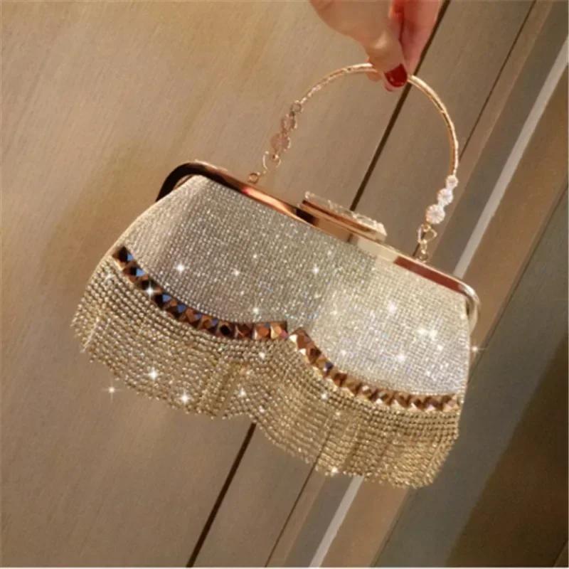 Gorgeous and Shiny Diamonds Rhinestones Tassels Handle Evening Bags for Party and Wedding Clutch Purse Designer Bags Handbags
