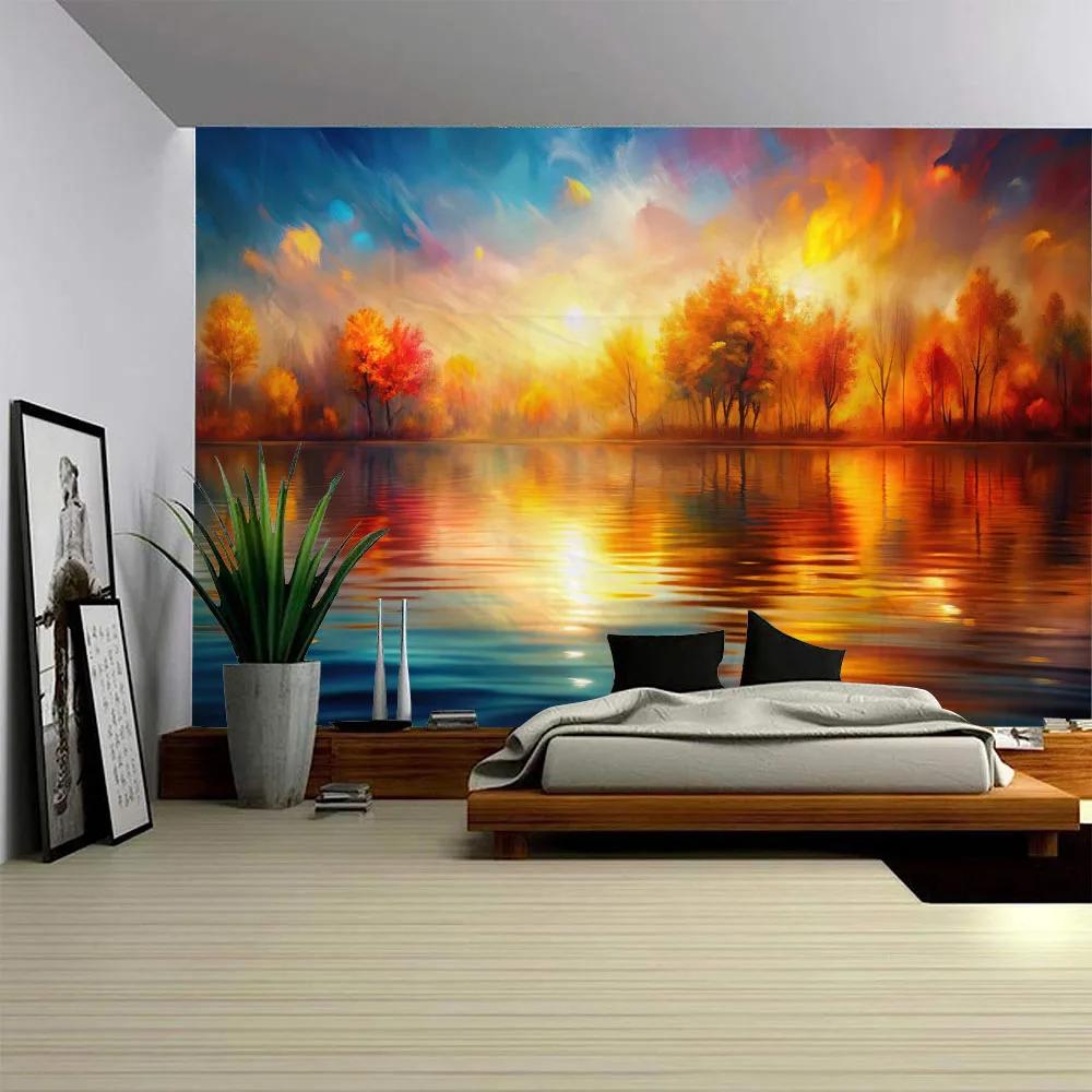 Sunrise Brilliant Lake View Oil Painting Tapestry Gradient Sea Boat Motif for Living Room Featured Wall Fabric Mural Decoration