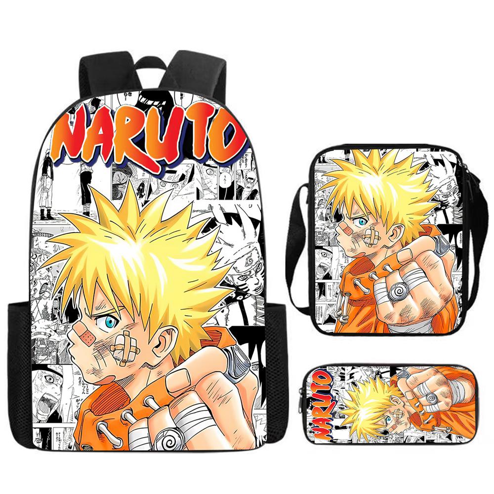 3Pcs Set NARUTO Anime Kids Backpack Mochila with Crossbody Bag & Pencil Case, Lightweight & Durable, for Ages 6-10 Boys & Girls