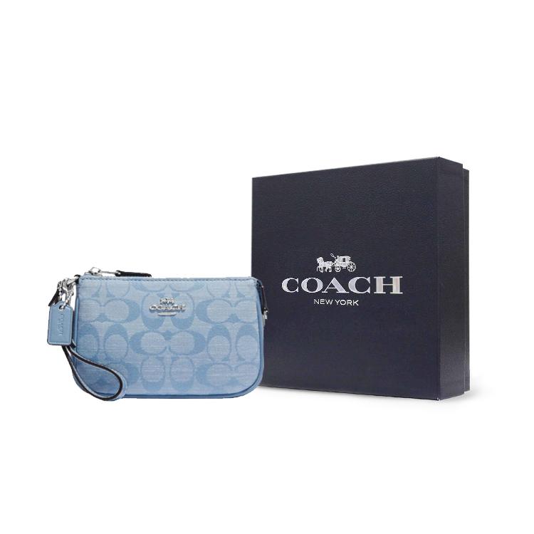 New COACH Nolita Jacquard Fabric Bonded Cow Split Leather Chambray Portable Clutch Mini Women's Light Blue CI027-SVM6A
