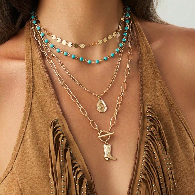 Vintage Western Style Metallic Sequin Hat Cowboy Boot Pendant Charm Necklace Bohemian Decorative Jewelry Set for Women Daily