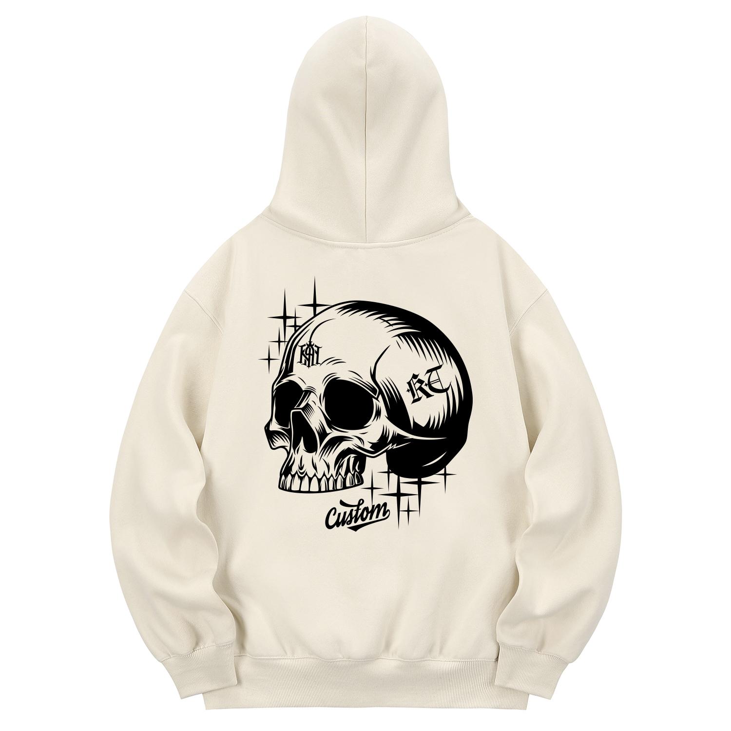 Khan 6312 Khc0190 Skull Art Fleece-Lined Hoodie Cream L