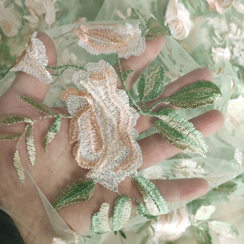 Soft Mesh Floral Embroidery Lace Fabric Colorful Rose Leaf Embroidered Fabric for DIY Sewing Clothes Wedding Dress Veils