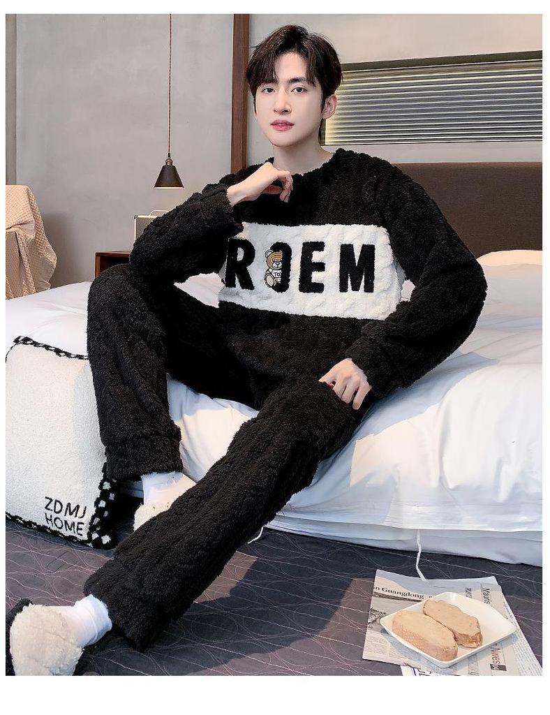 Men's Thick Coral Fleece Flannel Pajama Set - Warm Autumn/Winter Homewear