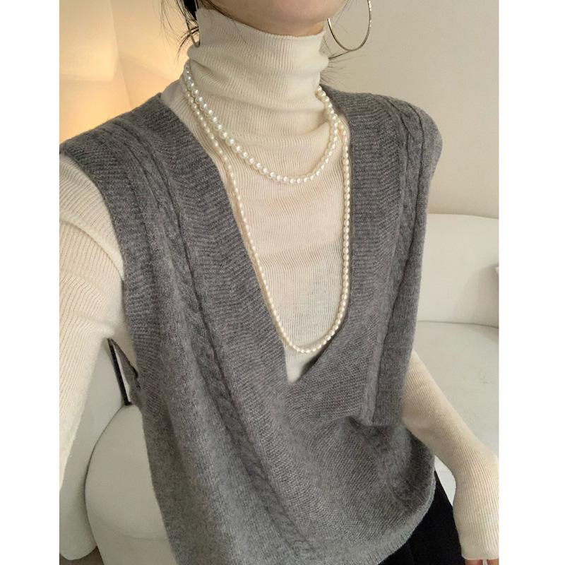 Colete Suéter Sem Mangas Feminino Casual com Decote em V, Tricô de Cabo 100% Lã para Sobreposição no Outono/Inverno