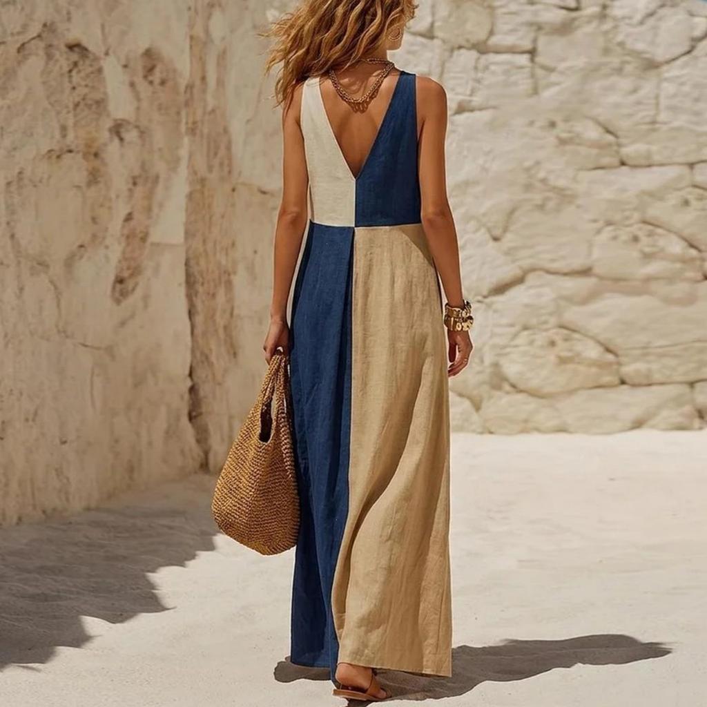 Women's Retro Color Block Sleeveless V-Neck Casual Dress