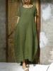2023 Women's Cotton Linen Dress Loose Fit Round Neck Slit Belted Design