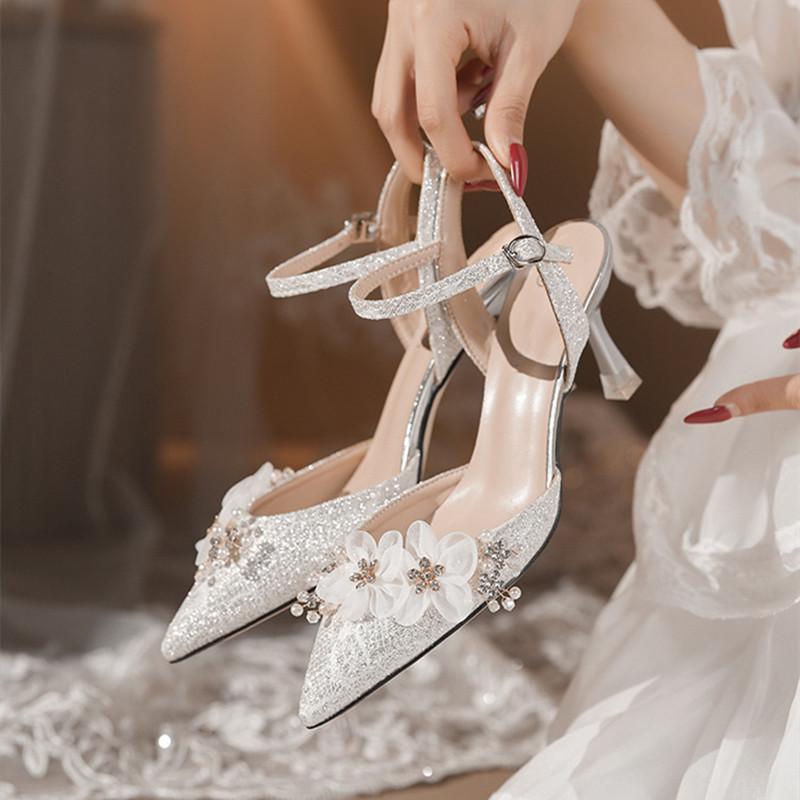 Mode 2025 Sommermode Pailletten Strass Perlen Blumen Damen Pumps Elegant Spitz High Heels Sommer Hochzeit Brautschuhe