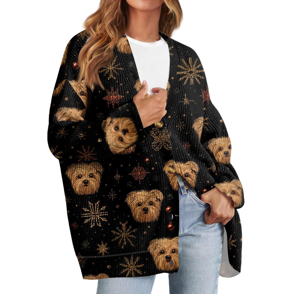 Women's Fashion Long Sleeve Christmas Print V-Neck Button Loose Cardigan Top