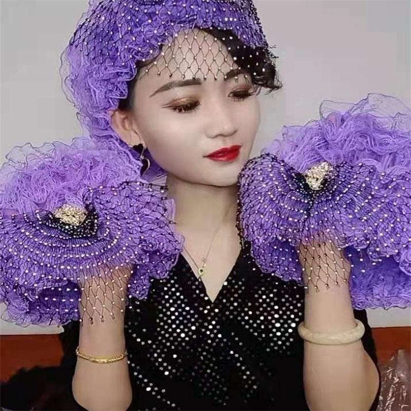 Turban din dantelă din plasă cu diamante cu flori pentru femei musulmane