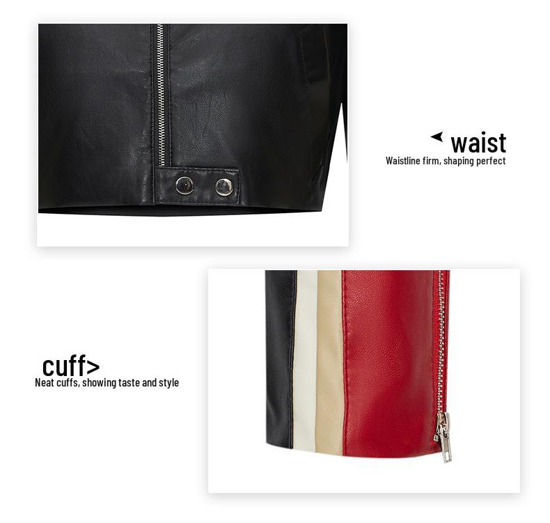 2026 Women’s Cropped Color Block PU Leather Jacket with Custom Patchwork and Stand Collar - Hot Girl Style
