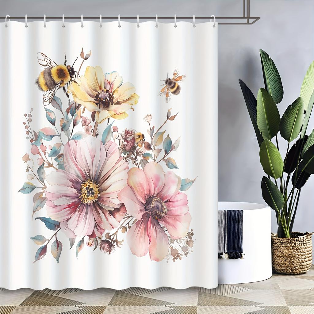 1 Piece Bee And Flower Floral Pattern Shower Curtain, Polyester Fabric, Machine Washable, Suitable For Bathroom Decoration