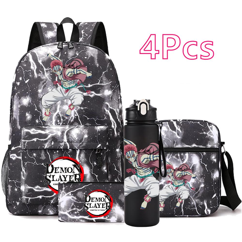 4 Pezzi/set Zaino Stampato Anime Demon Slayer con Borraccia da 750 ml per Adolescente Studente Ragazza Ragazzo Grande Capacità Impermeabile Borsa per Libri Regalo