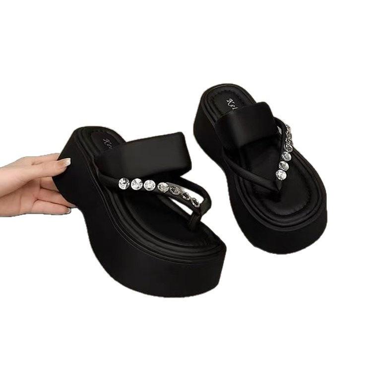 Go Out Heightening Sandals 7cm Small Man Advanced Rhinestone Herringbone Summer Wear 2025 New Muffin Bottom Slippers