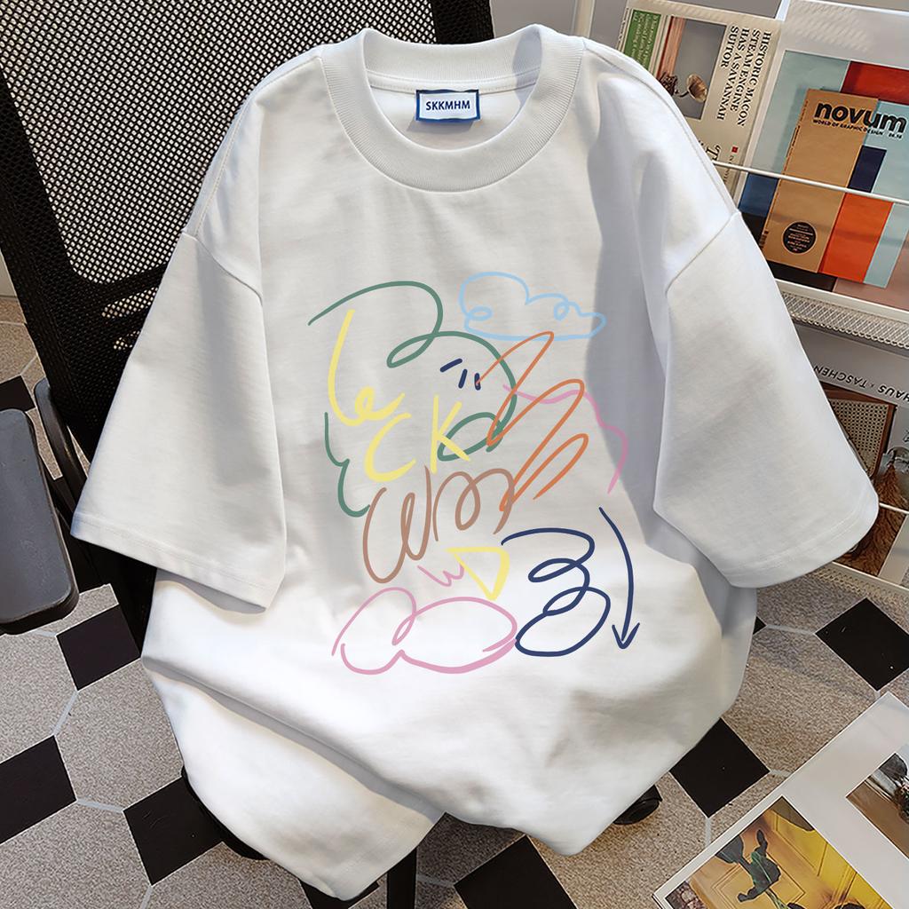 Ladies Summer Short Sleeve Round Collar Casual Graffiti Printed Teenager Pullover Oversize Cotton T Shirt Top