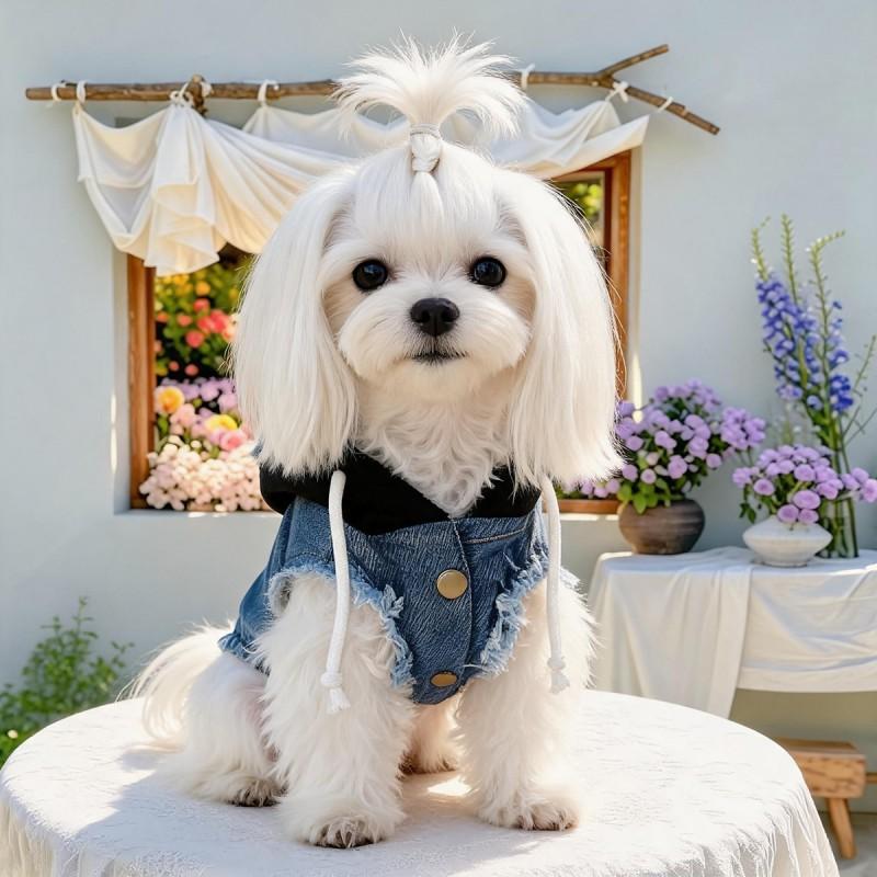 Pet Denim Vest With Gradient Hooded Design Maltese Cats Casual Wear XS To XL