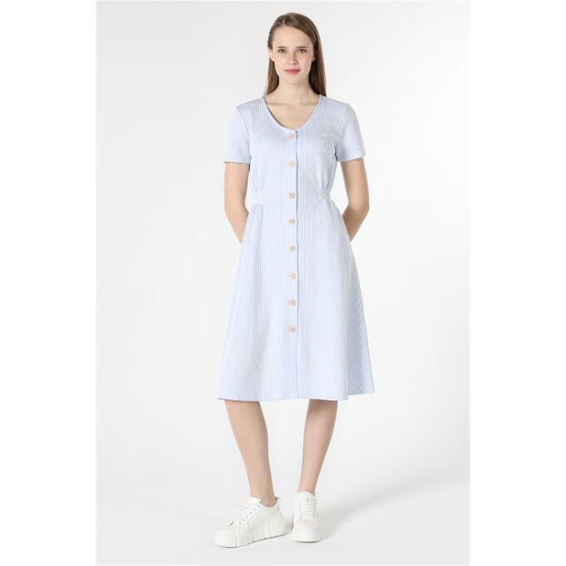 

Export Original Order Leftover Stock European Stripes Loose Slim Looking Women s Summer Cotton Blend Minimalist V Fashion Short Sleeve Dress Light blue L