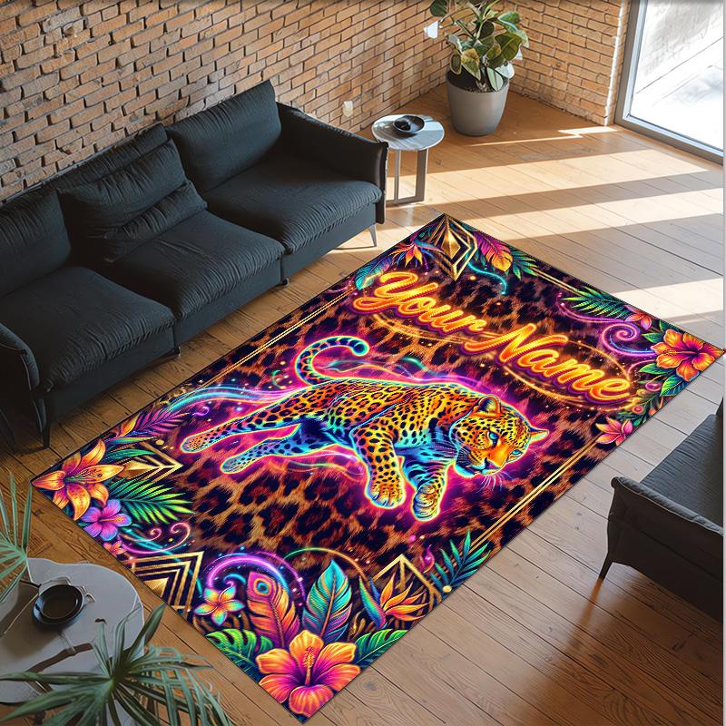 Leopard Theme Crystal Velvet Floor Rug Personalized Custom Name Text Warm Carpet Home Decoration
