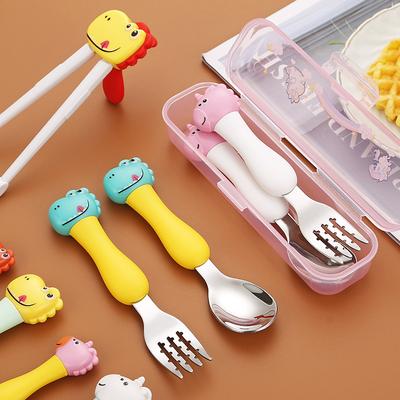 Vajilla portátil de acero inoxidable 304 para niños y bebés con forma de dinosaurio, cuchara, tenedor, palillos de entrenamiento de aprendizaje, juego de cuchara y tenedor