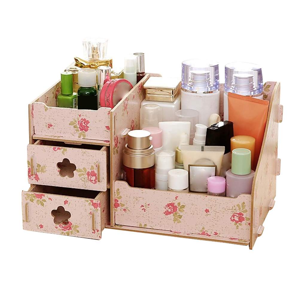 Desk Cosmetic Storage Box Wooden Makeup Case Jewelry Organizer